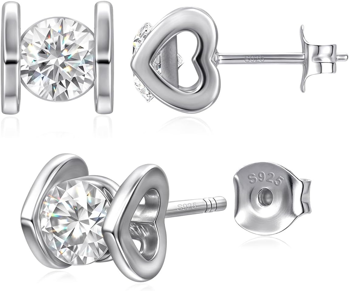 Moissanite Stud Earrings for Women: White Gold 925 Sterling Silver VVS Round Lab Created Fake Diamond Studs Heart Earrings Hypoallergenic Jewelry Gifts for Birthday Christmas Her