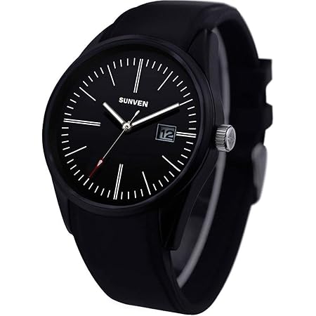 Amazon Sunven腕時計 メンズシンプルブラック男性用うで時計日本製クオーツスポーツウオッチ夜光日付5atm防水 ブラック レッド メンズ腕時計 腕時計 通販