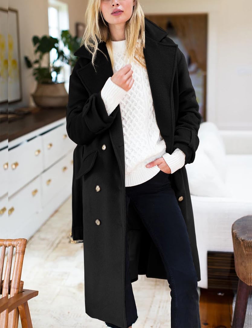 IDEALSANXUN Womens Long Wool Coats Trendy Fashion Fall Winter Double Breasted Trench Coat Peacoat with Belt