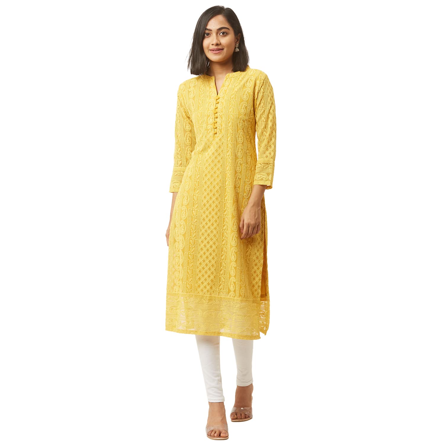 ZOLAYellow Exclusive Georgette Lucknowi Chikankari Kurti for Women