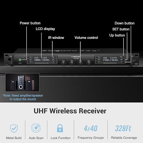 Miniatura 3 de Phenyx Pro Sistema de micrófono inalámbrico, UHF de 4 canales inalámbrico con 4 unidades, auriculares/micrófonos de solapa, frecuencias de 4 x 40,