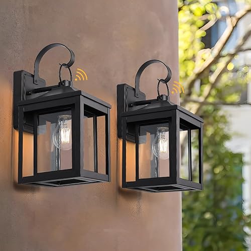 Krychiler Juego de 2 faroles de pared para exteriores, apliques de pared del atardecer al amanecer, lámpara de montaje en pared exterior