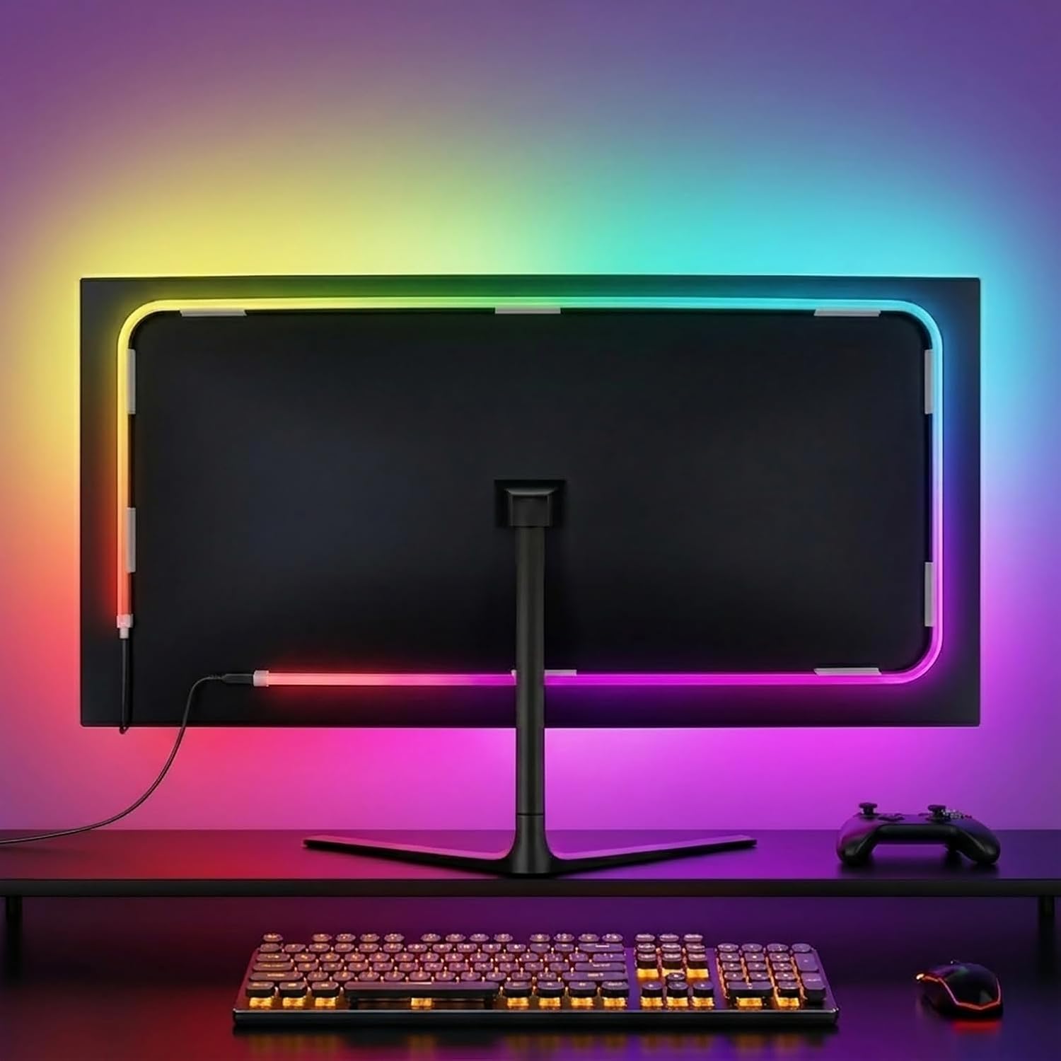 Soleil X6 LED Monitor Backlight for PC & Mac, Strip Light Sync to 24″-34″ Screens, Ambient Lighting for Games/Movies/Music, Dual USB Ports, Software Control (4-Sides for 34″ Monitors)