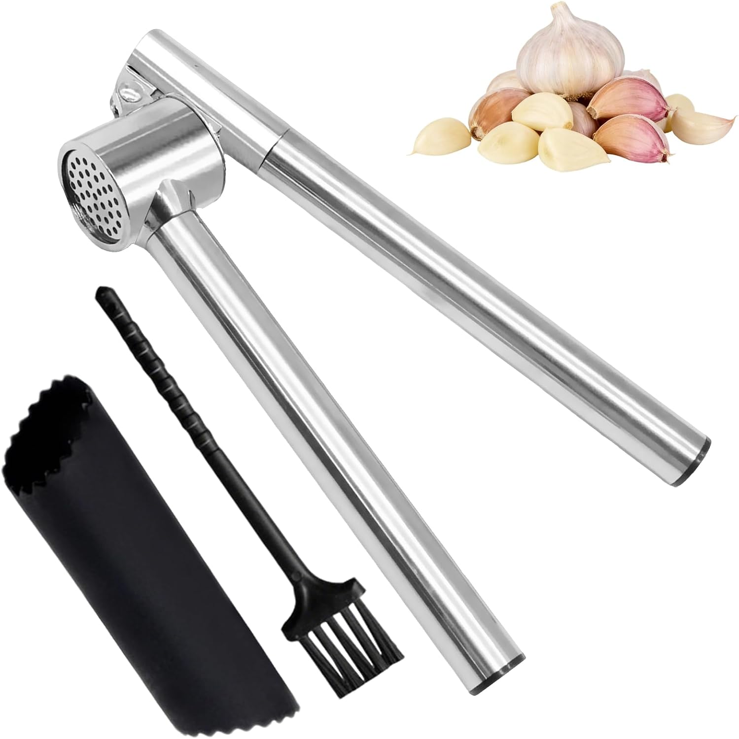 Garlic Press, 18 cm Garlic Crusher, Strong Crusher, Complete with Silicone Peeler and Cleaning Brush, Ergonomic Garlic Crusher, Soft and Easy to Squeeze