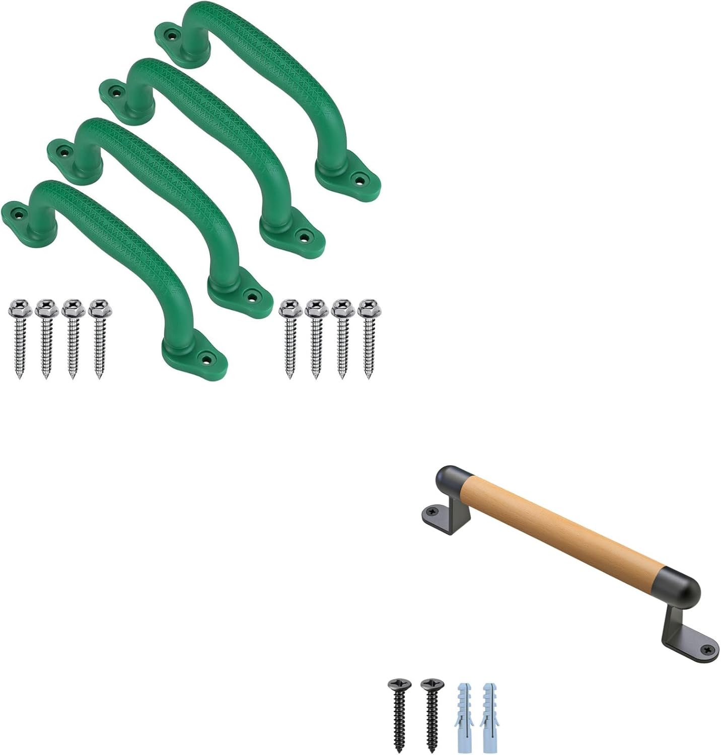 Dolibest Safety Playground Handles & Barn Door Pull Handle Bundle: Green Grips for Playsets, Climbing Frames, 12" Durable Beech Wood Pull Handles with Metal Supports for Sliding Doors, Gates, Closets
