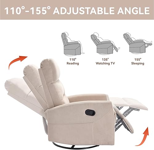 Miniatura 8 de PELUMY Silla reclinable manual con giro y balanceo de 360, sillón reclinable de tela para sala de estar, dormitorio, guardería, montaje sin