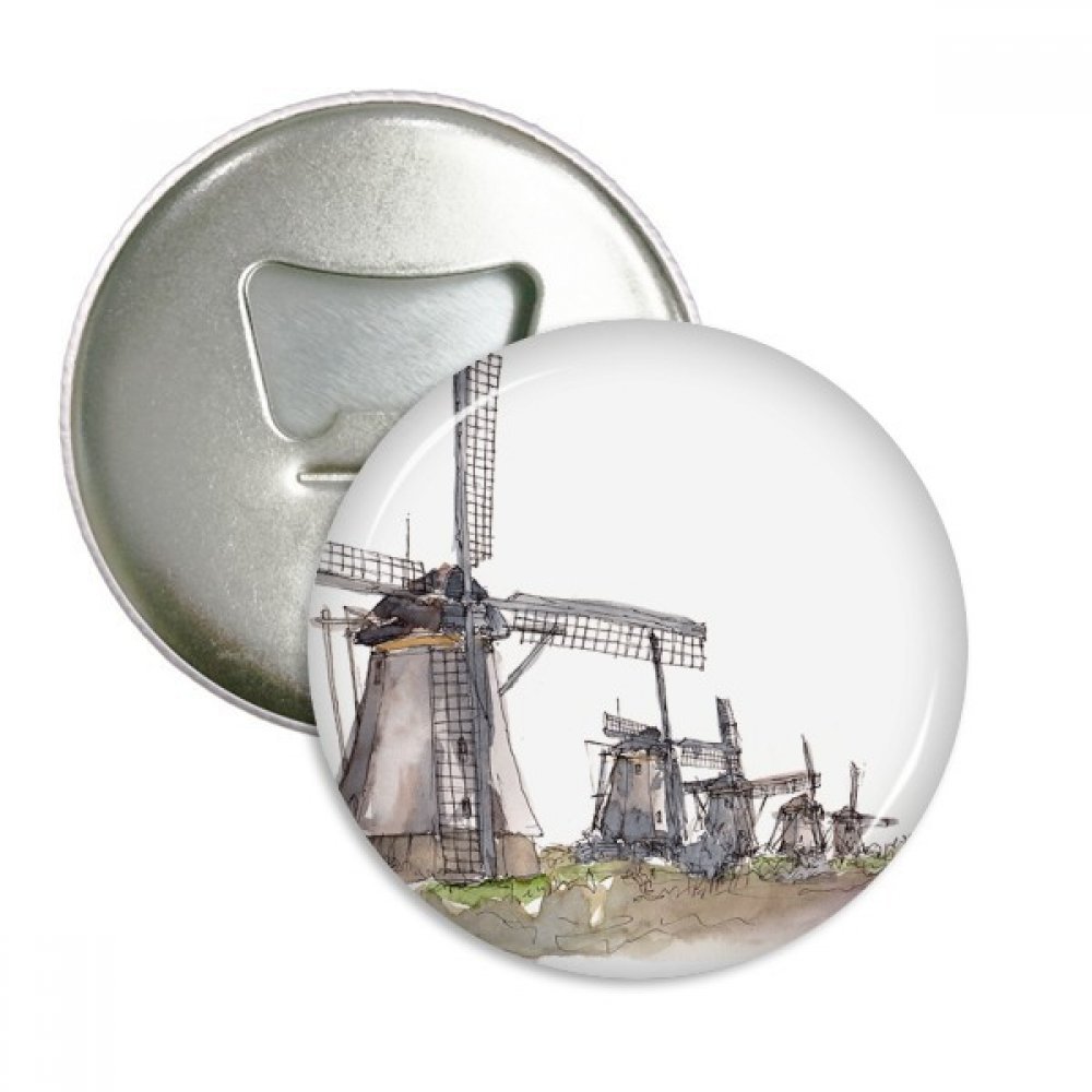 Décapsuleur aimant frigo moulin à vent hollandais badge rond cuisine
