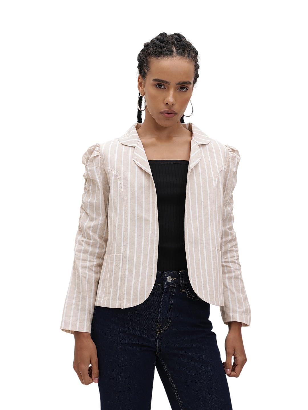 Indo Era Striped Lightweight Open Front Jacket in neutral