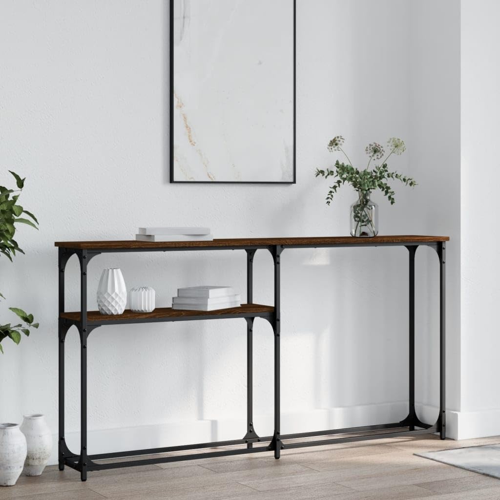 SXZenSpace Console Table Brown Oak 145x22.5x75 cm, Engineered Wood & Metal Frame, Adjustable Feet, Slim Sofa Side for Living Room Hallway Bedroom