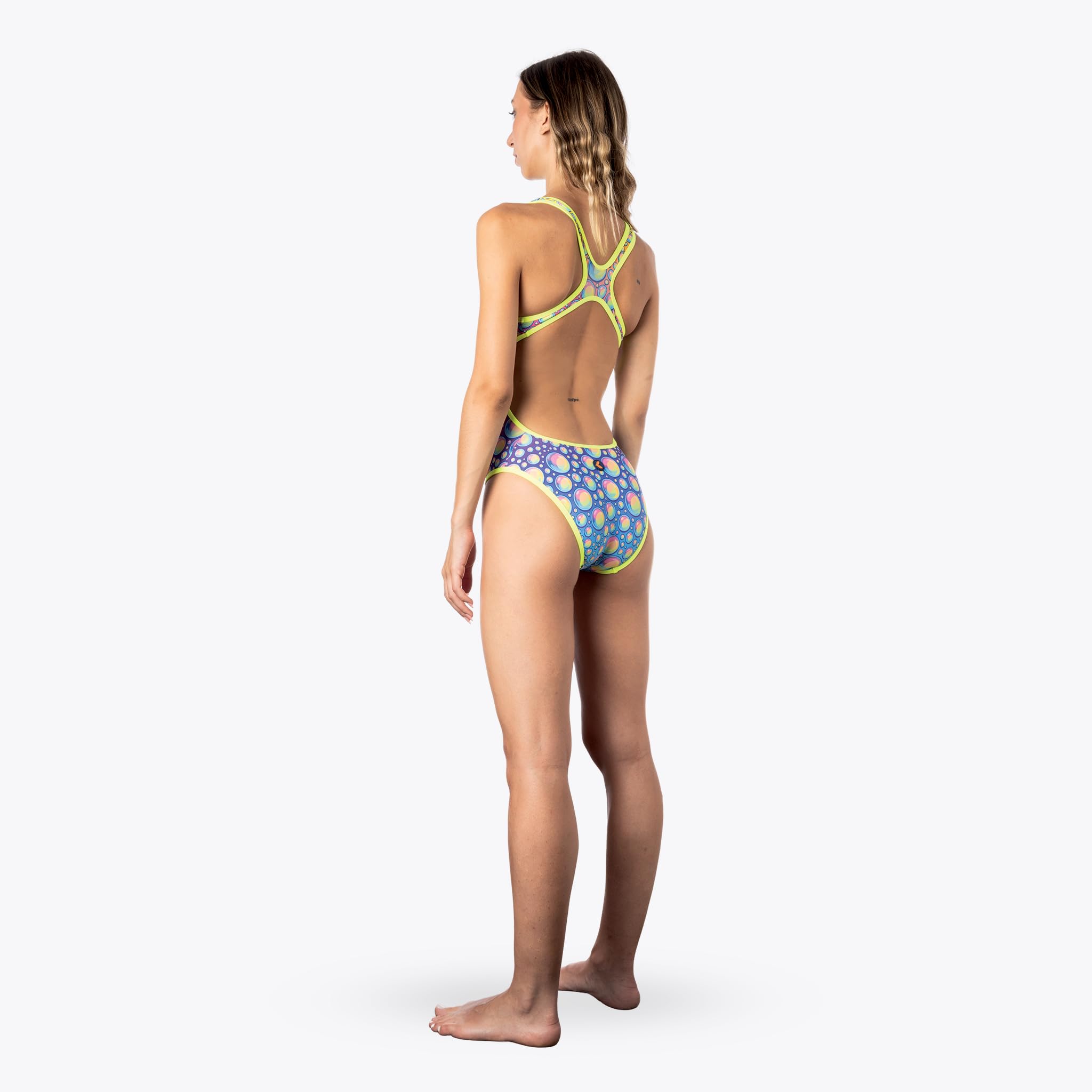 Okeo Costume Piscina Donna, Costume Bolle, Tessuto Tecnico X-Play, Spalline Larghe con Bordino Giallo, Completamente Foderato, Ideale per Training