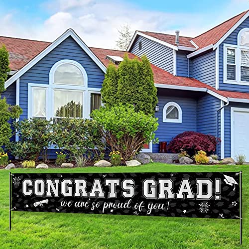 Image of 37Pcs Graduation Banner Balloon Decorations Class of 2026, Congrats Grad Banner Yard Outdoor Decorations, Graduation Balloons Banners Set for High School College Grad Party Supplies, Black Silver
