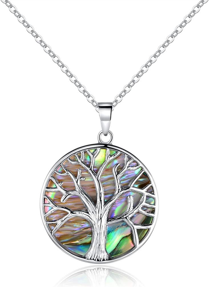 18K White Gold Plated Created Abalone Shell Tree Of Life Necklace, 18 Inches with 2 Inches Extension - Made in Brazil