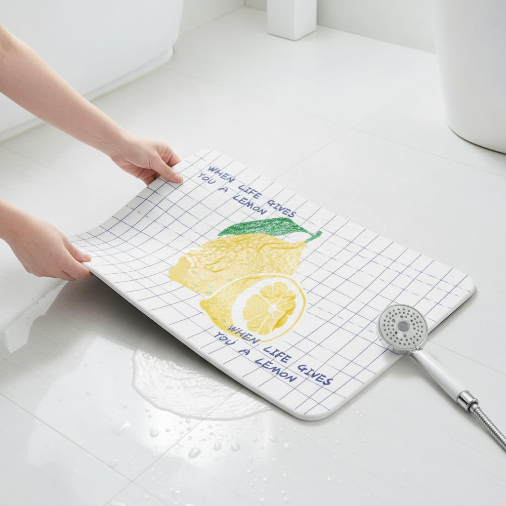 Tapis Bain Diatomée Séchage, 夏日柠檬, 39 * 60 * 0.9cm | Surface absorbante, Tapis bain hygiénique, Utilisation quotidienne, Pour enfants et adultes