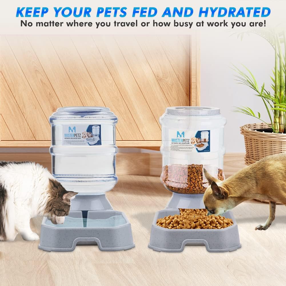 Automatic Cat Feeder and Water Dispenser for Dogs, 1 Gallon x 2 Gravity Feed Water Bowl for Cats Max 30lbs Self Filling Auto Pet Waterer Replenish Opening with Firm Lock