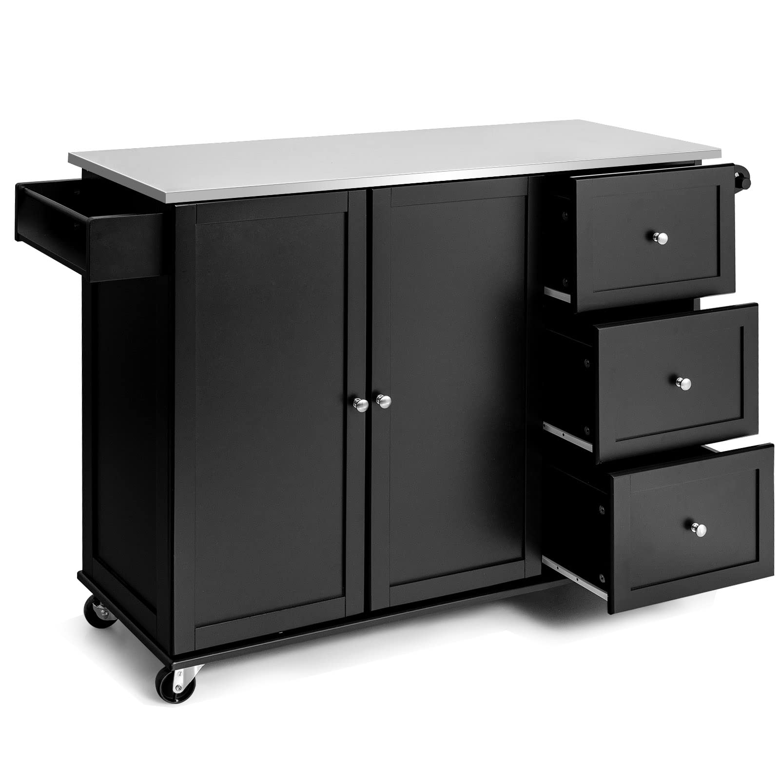 KOMFOTTEU Isla de Cocina con Encimera de Acero Inoxidable, Carrito de Servicio con 3 Cajones, Toallero y Estantes Ajustables, Armario de Cocina con 5 Ruedas, 135 x 45,5 x 91,5 cm (Negro)