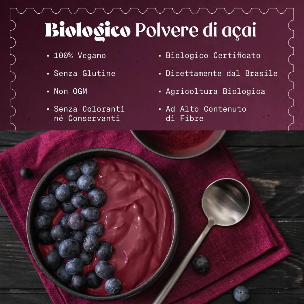 NaturaleBio Bacche di Acai Biologiche in Polvere - Freeze-Dried - 200 gr. Prodotto in Brasile, Liofilizzato, Crudo ed Estratto dalla Polpa della Bacca di Açai.