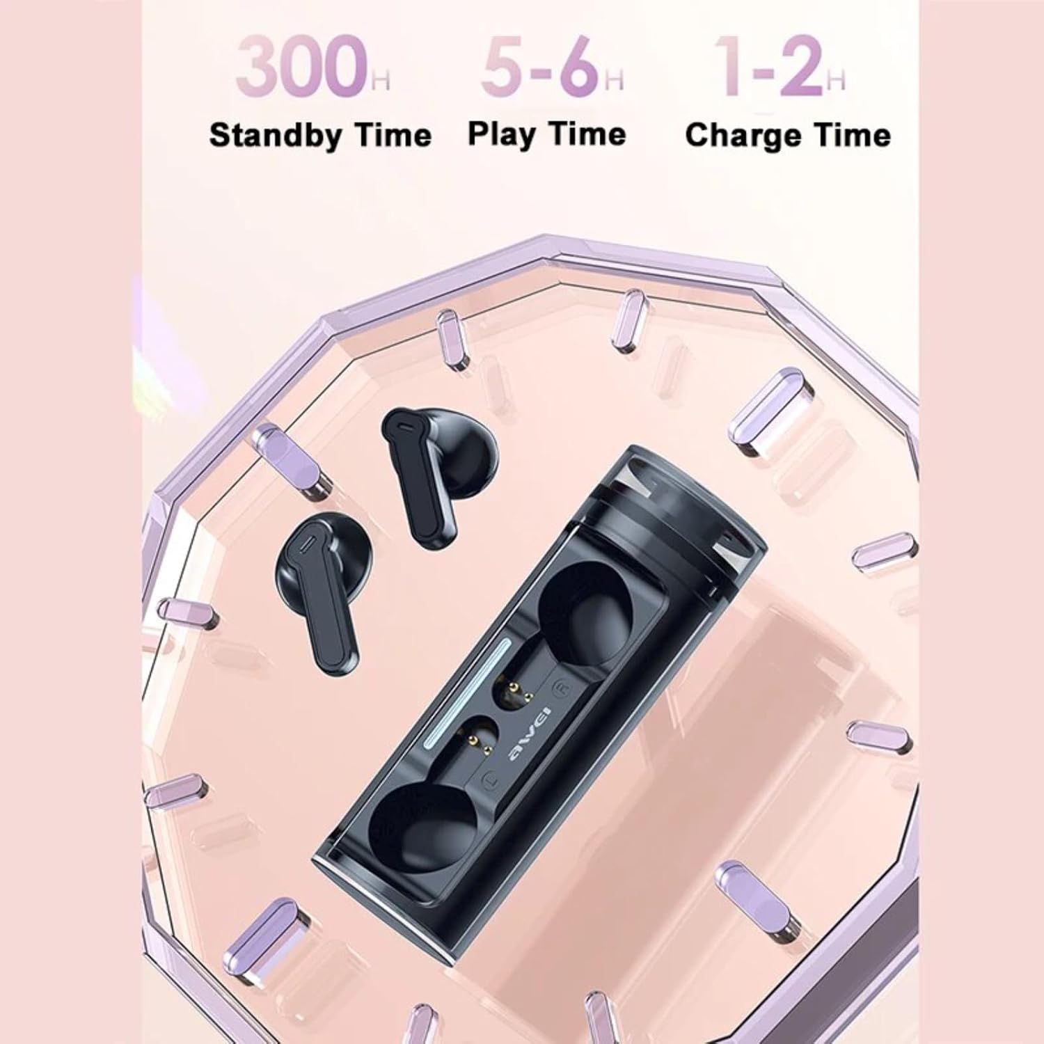 Infographic showing 300 hours standby time, 5-6 hours play time, and 1-2 hours charge time for the earbuds
