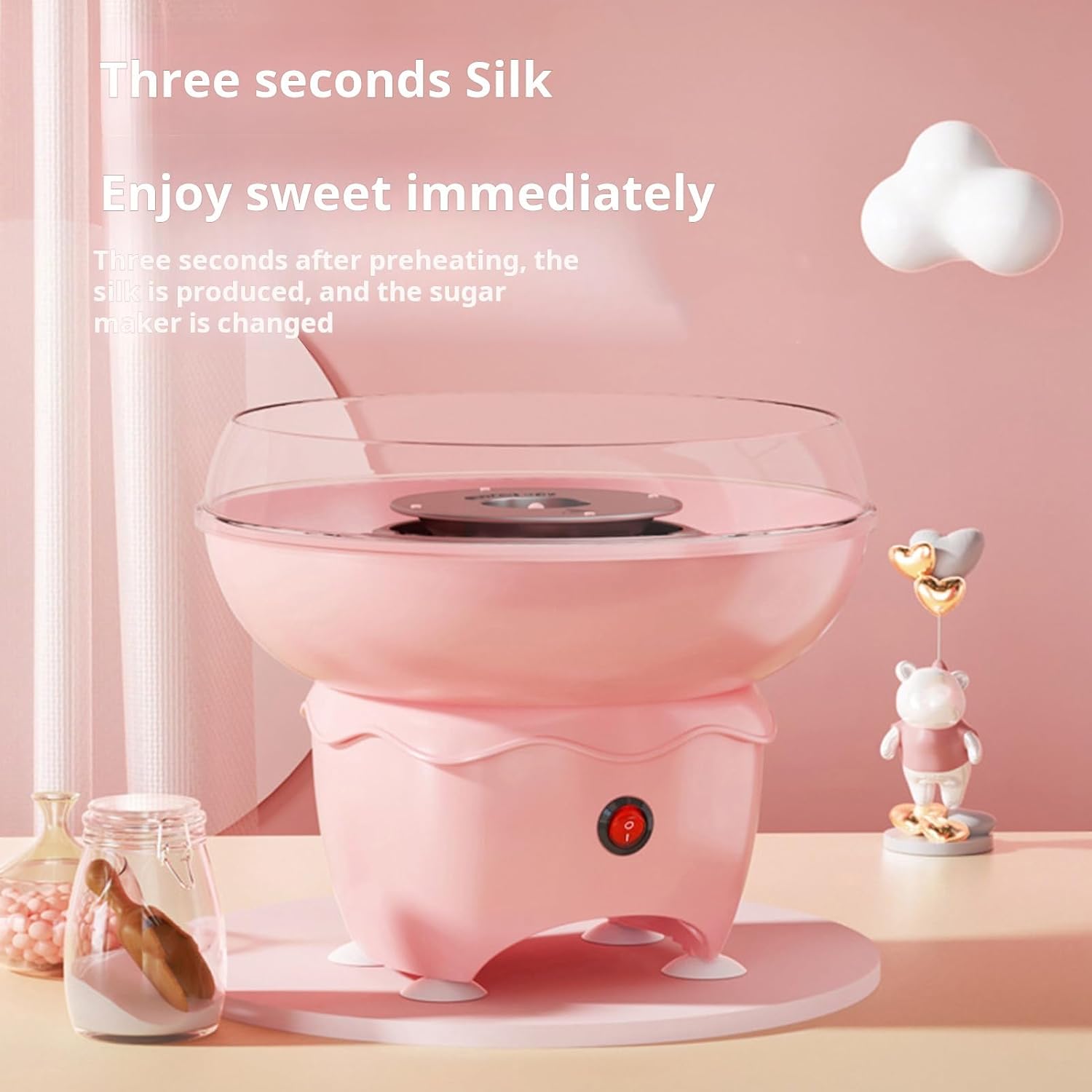 Cotton Candy Maker Machine Mini Cotton Candy Maker Powerful Motor Fast Heating Silent Operation Electric Cotton Candy Machine, Candy Floss Maker with 1 Sugar Spoon & 8 Bamboo Sticks Pink