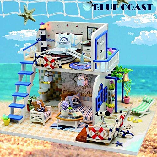 DIY Mini Puppenhaus Baby Holzmöbel Kit, Hellblaue Küste Handgemachte Hütte Kleines Haus Staubschutz & Spieluhr… – Bild 3