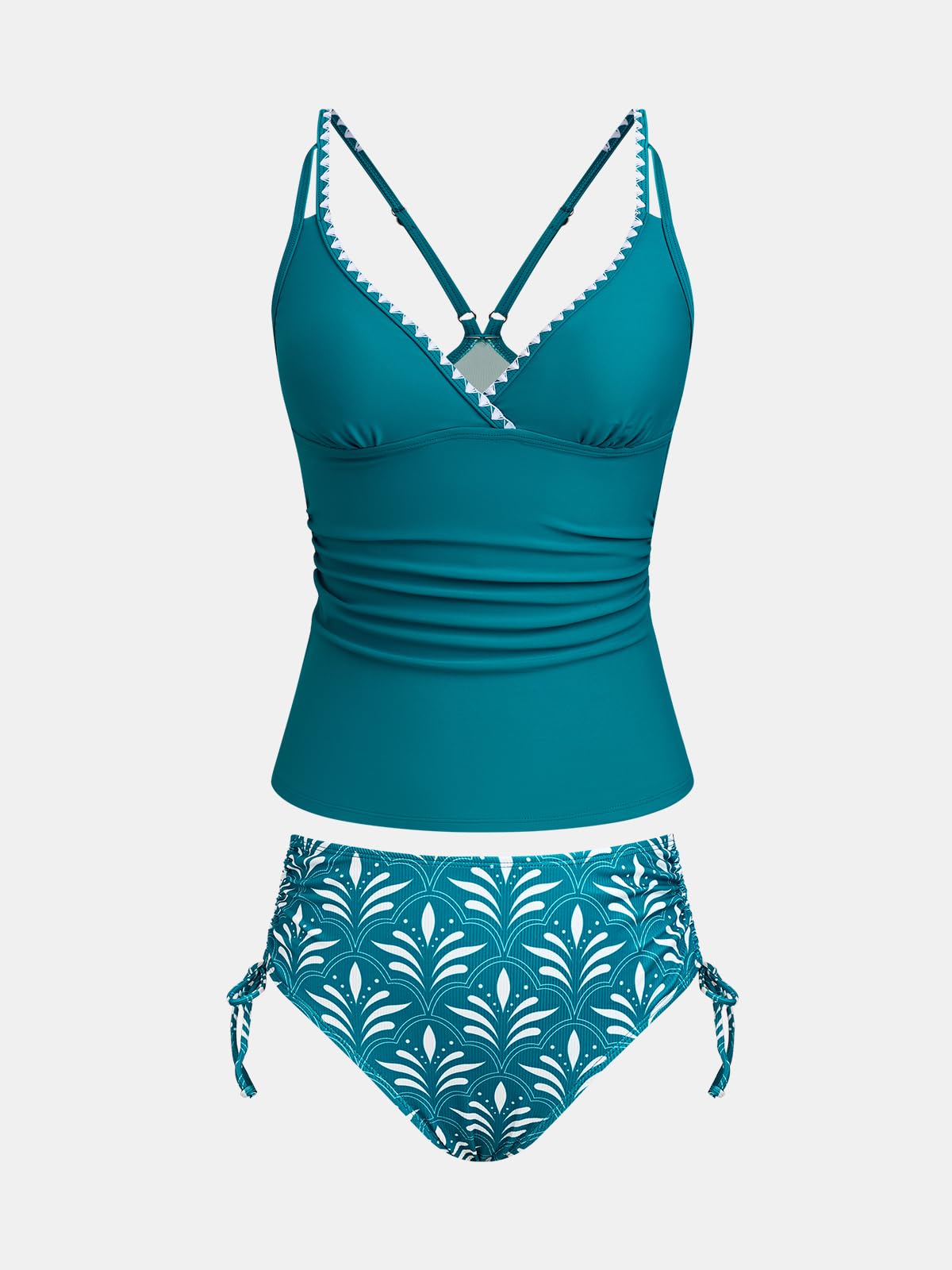 CUPSHE Ensemble tankini deux pièces pour femme - Col en V - Taille mi-haute - Cordon de serrage - Coutures gainantes
