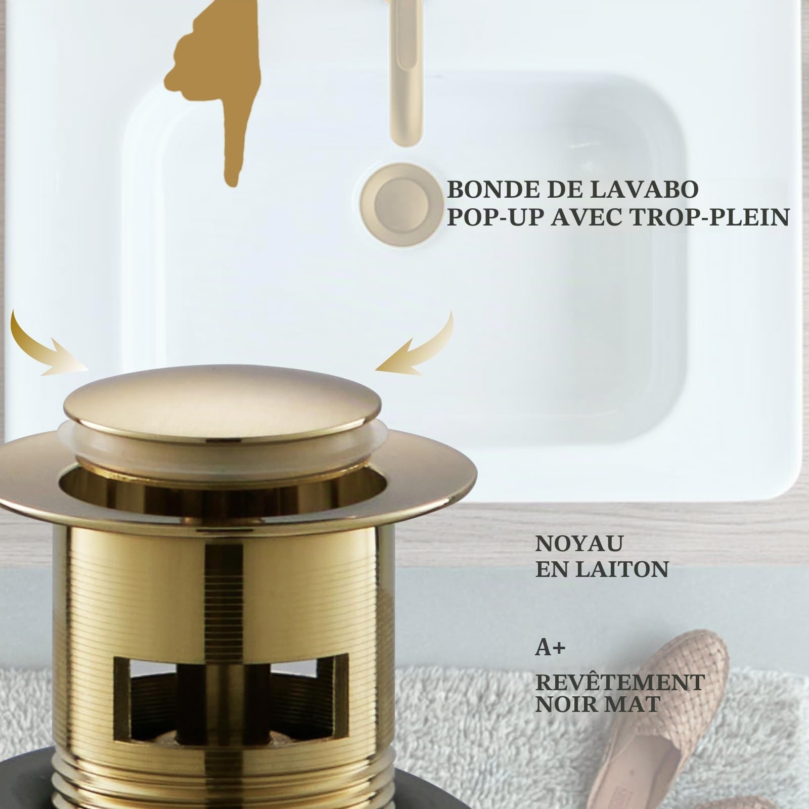 322X Robinets d'évier cascade bouche-vidage pop-up, robinet monobloc laiton doré