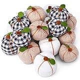 Tudomro 18 Pcs Assorted Fall Artificial Pumpkins Fabric Pumpkins Decoration Mini Buffalo Plaid Pumpkins Faux Harvest White Pumpkins for Fall Wedding Halloween Thanksgiving Party Decoration (Cute)