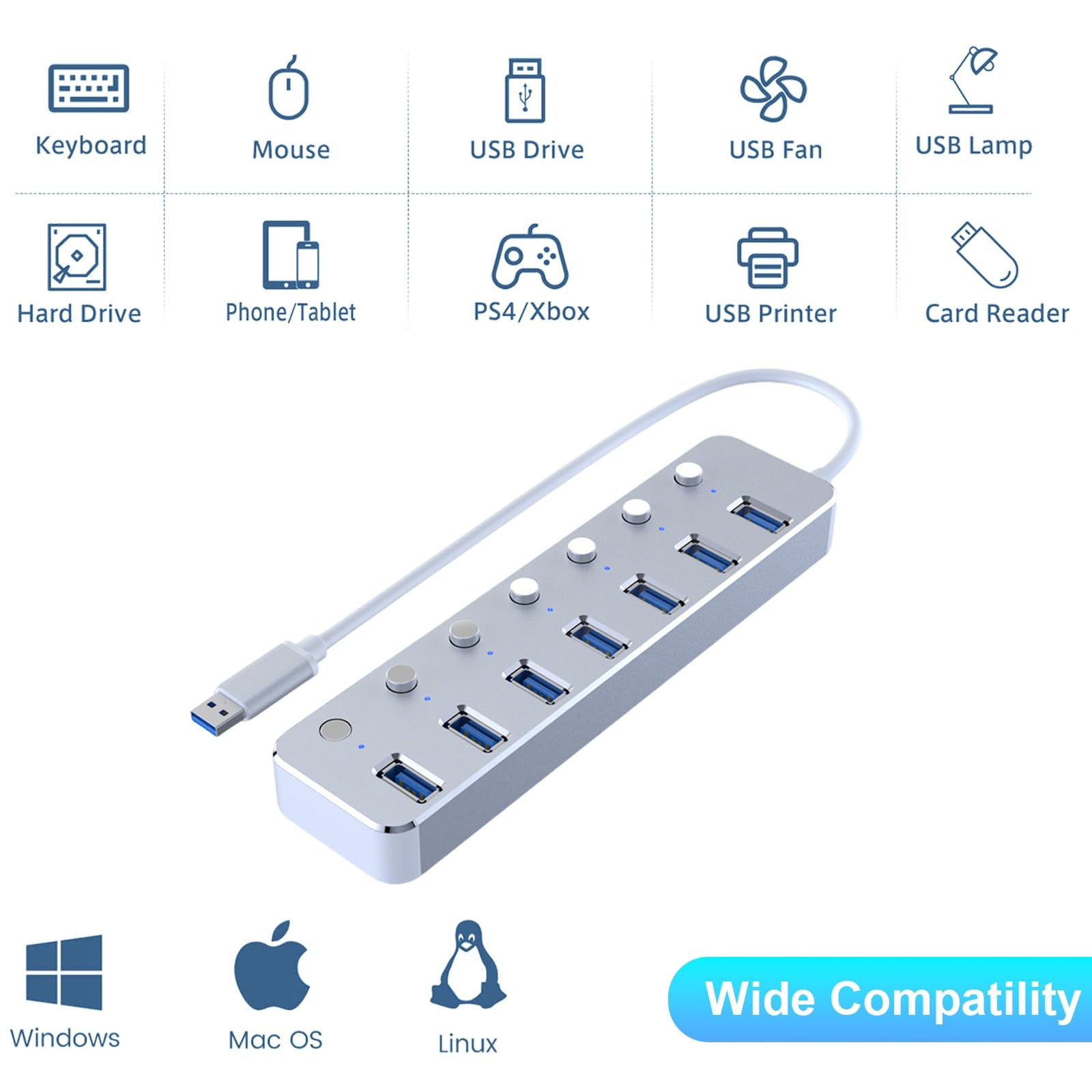 Hub USB 3.0 à 7 ports avec câble de 0,6 m de long en aluminium pour ordinateur portable et PC avec interrupteur marche/arrêt individuel et indicateur LED