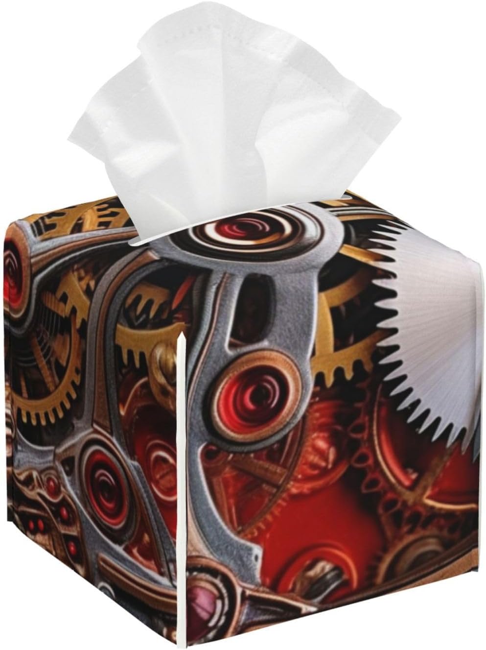 Cool Steampunk Gears -Tissue Box Cover PU Leather Tissue Holder Square Facial Tissue Case Facial Paper Organizer Dispenser for Bathroom, Vanity Countertop, Tabletop, Car