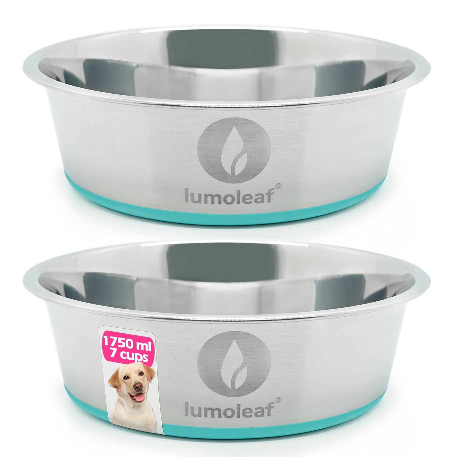 LumoLeaf Ciotola per cani in acciaio inox grande φ22 cm, 2 ciotole da 1750 ml con fondo in silicone antiscivolo, ciotola per acqua in metallo per cani di taglia grande, media e grande, lavabile in