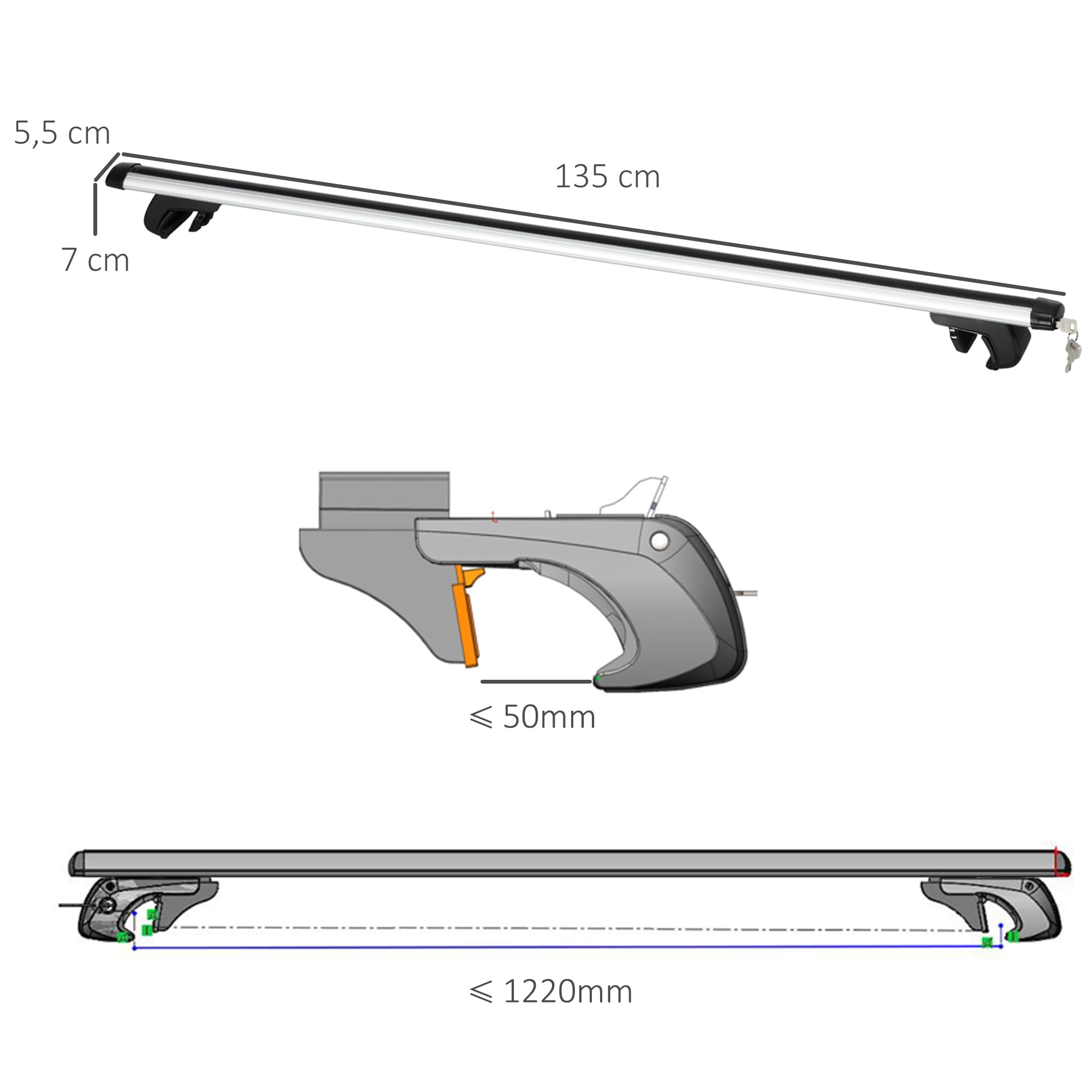 HOMCOM Barras de Techo Universales para Vehículos de Aluminio Bacas Portaequipajes Coche Automóvil Baca para Coche Universales con Cerradura Carga 75 kg 135 cm Plata