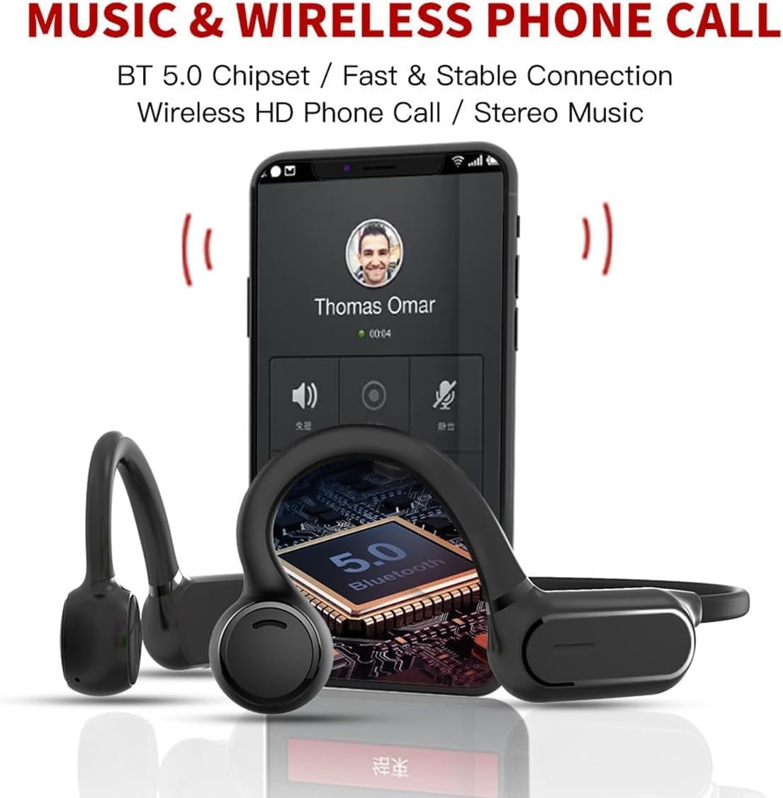 Bone Conduction Headphones Open-Ear Bluetooth WirelessHeadphones with Microphone,230 mAh Battery Capacity 7 Hours of Playback Time IPX4 Waterproof Light-Weight Wireless Headphones, White