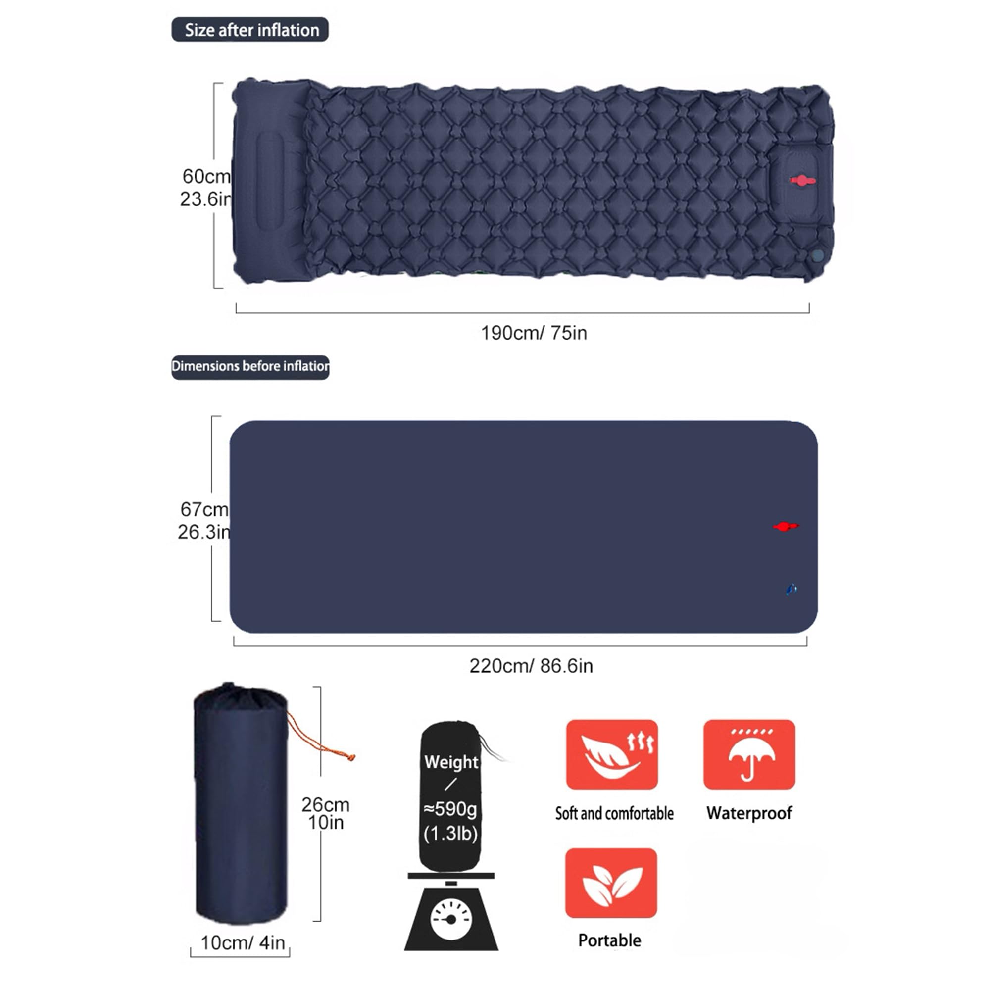 Andazododc Sleeping Pad for Camping- Ultralight Inflatable Sleeping Mat with Built-in Foot Pump & Pillow, Upgraded Compact Camping Air Mattress for Camping, Backpacking, Hiking (Dark Blue)