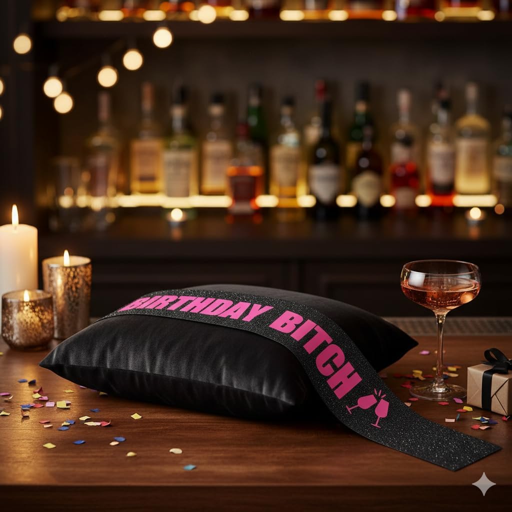 Glitter Satin Birthday Bitch Sash for Women, Black Party Accessory with Pink Foil Letters, Stylish Birthday Girl Decoration & Baddie Party Supplies for Adults