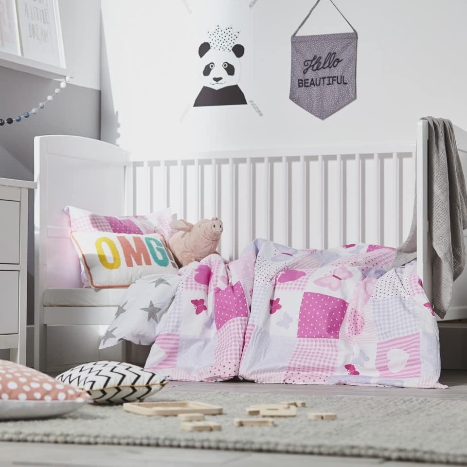 Bloomsbury Mill - Hearts & Butterflies Patchwork - Kids Bedding Set - Pink - Single Duvet Cover and Pillowcase