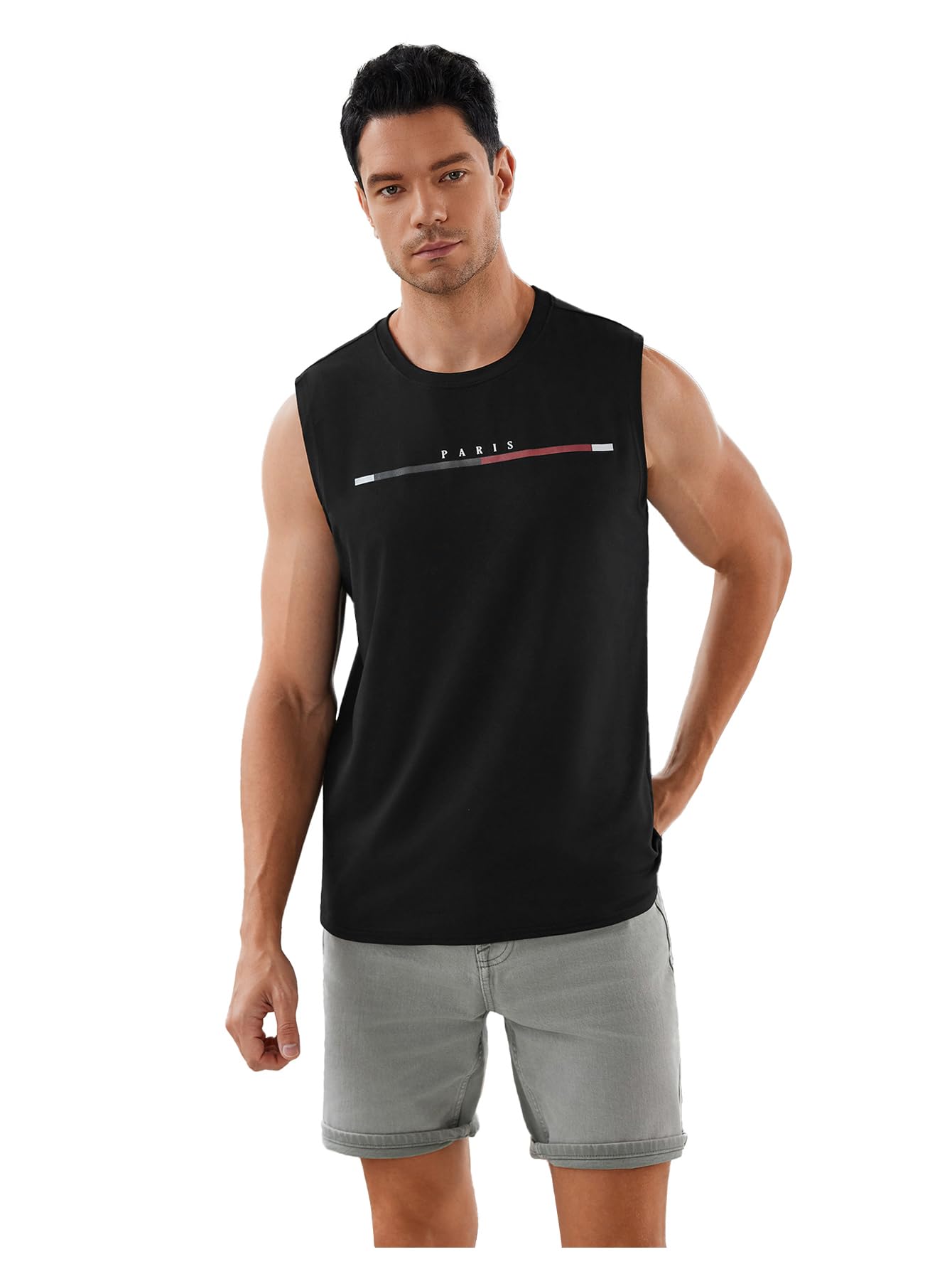 VIPWOLF Men's Letter Graphic Workout Tank Tops Crew Neck Sleeveless Top Summer Cut Off T Shirt