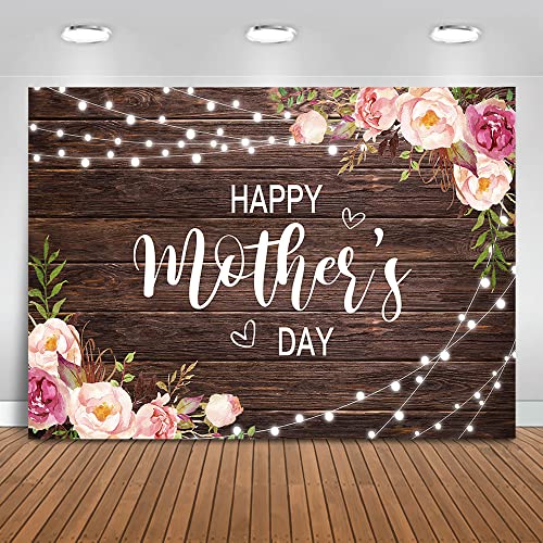 Mocsicka Happy Mother's Day Backdrop Rustic Wood Floral Mother's Day Background Mother's Gift Wall Decoration Banner Photo Booth Props (7x5ft)
