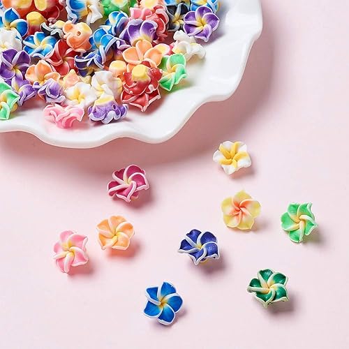 Miniatura 5 de Craftdady 200 cuentas sueltas de arcilla polimérica Plumeria Flower Spacer de 0.472 x 0.315 in, colores mezclados al azar, 5 pétalos, cuentas