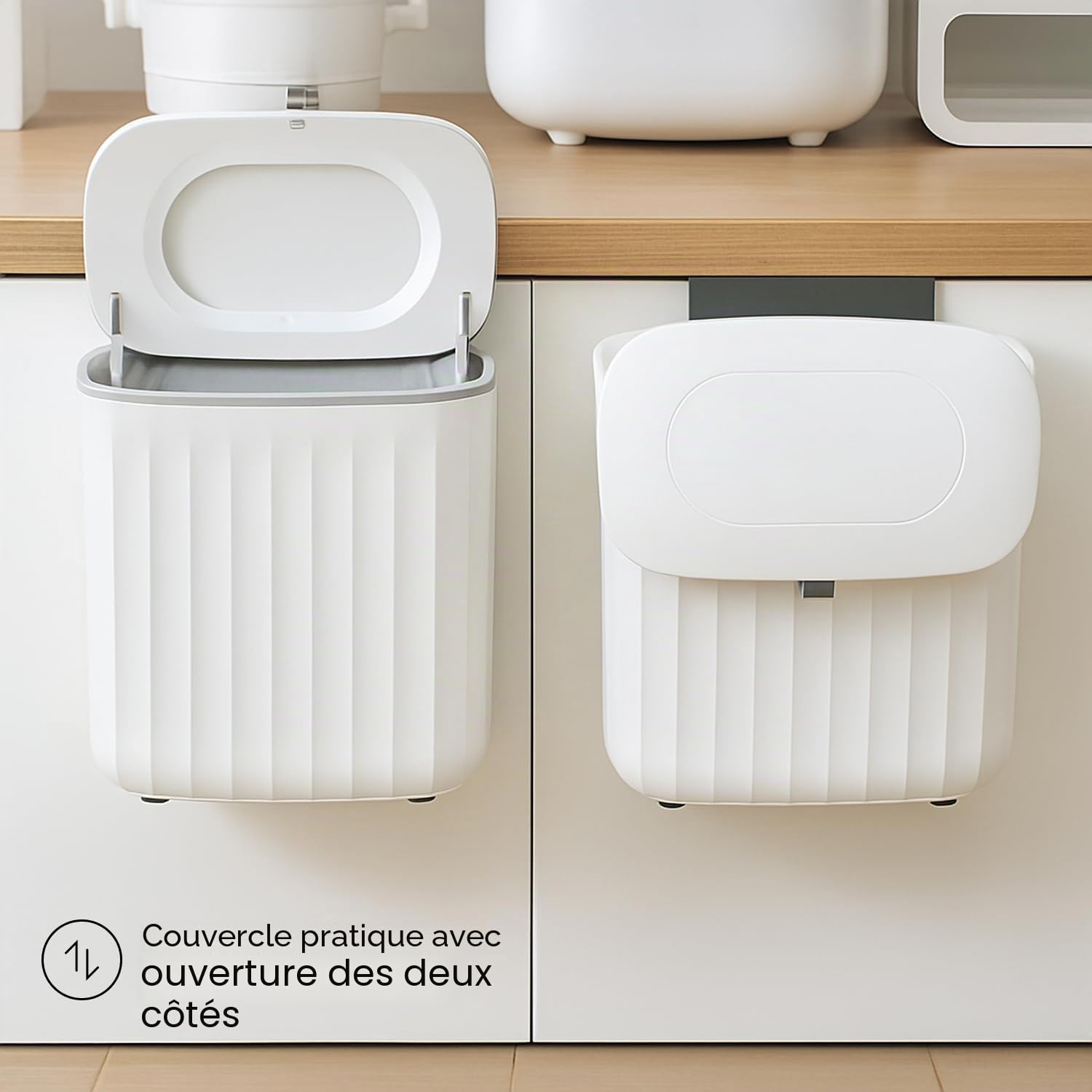 Poubelle 8L avec couvercle, poubelle suspendue pour cuisine et salle de bain, couvercle à 2 voies, montage sans perçage, PP+ABS, blanc, 25 x 15 x 25 cm