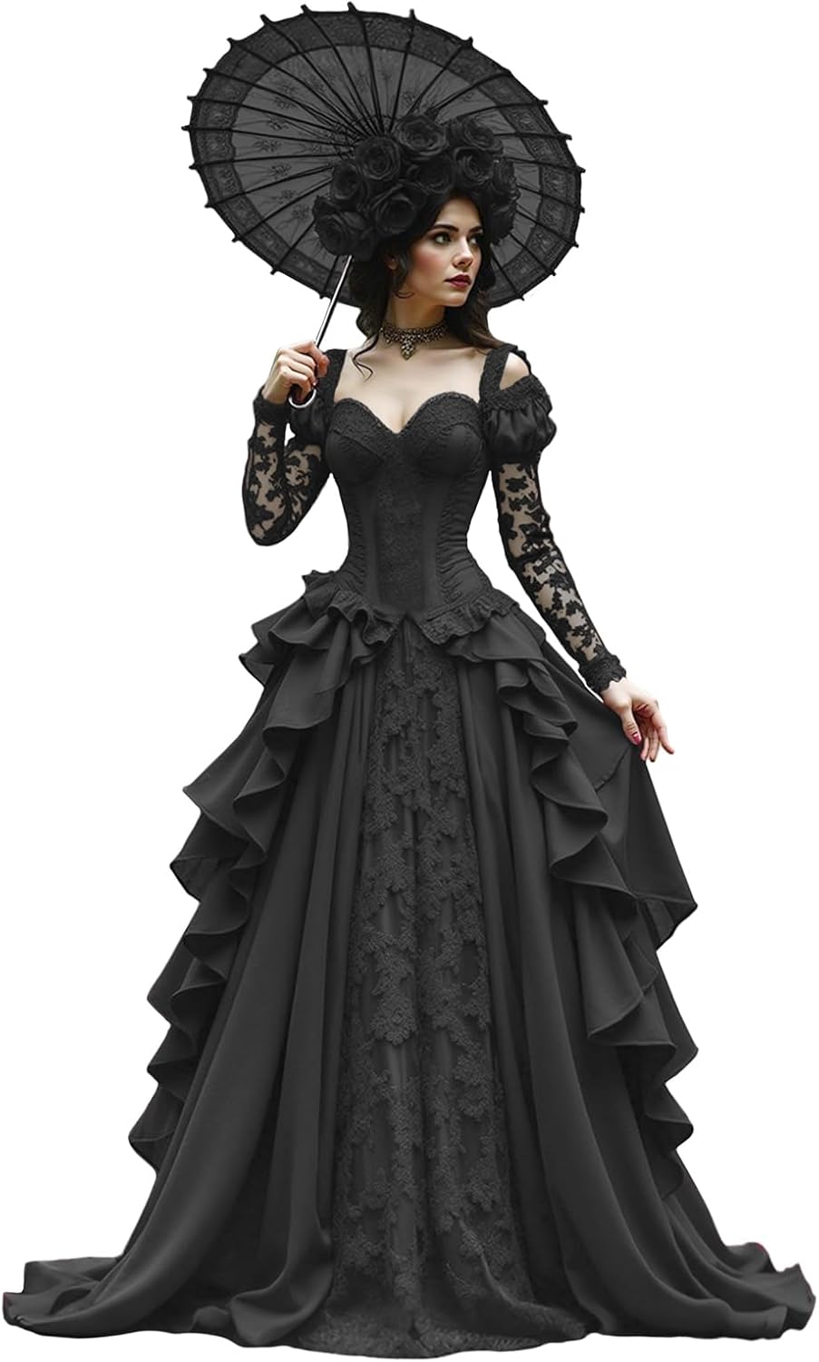 Gorgeous Applique Victorian Dress for Women with Sleeves Lace Victorian Ball Gown Chiffon Costume Medieval Dress