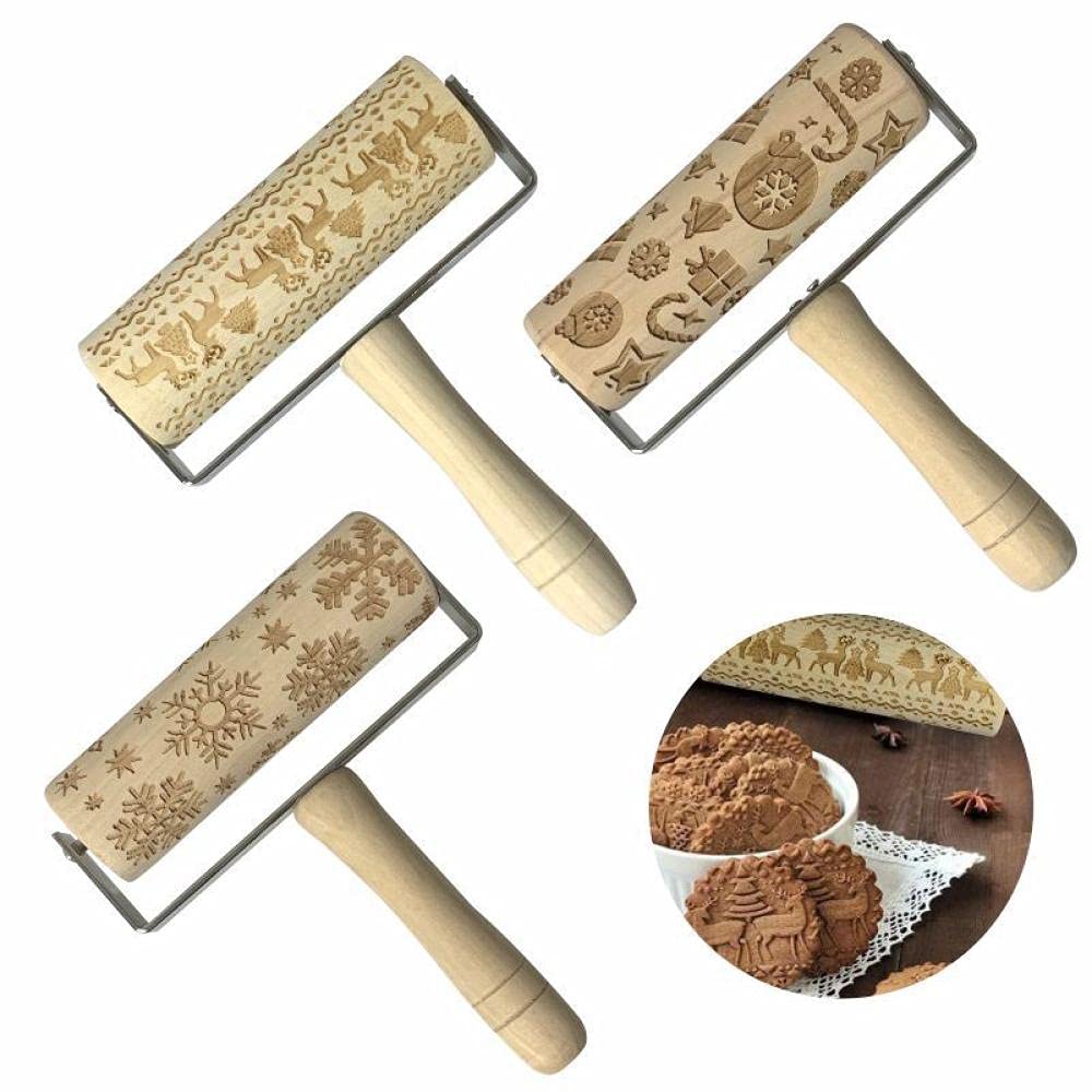 Rodillo de cocina antiadherente con relieve, Rodillos de amasar de madera con estampado navideño, herramientas for hornear de cocina