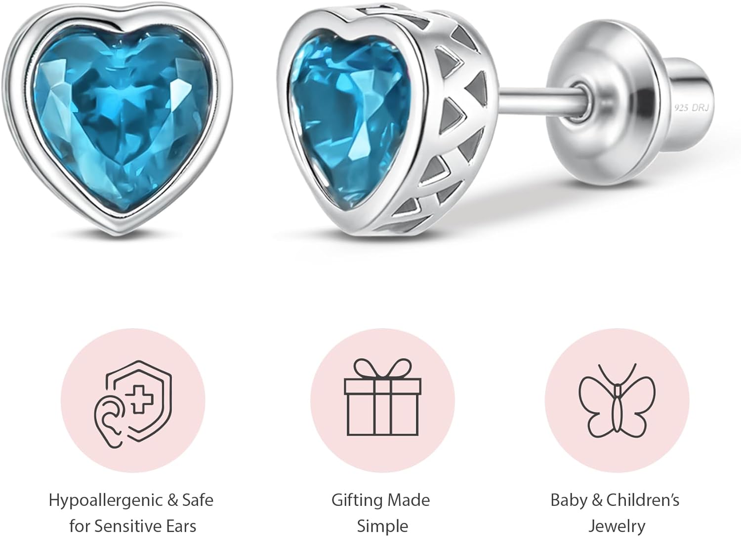 Heart Birthstone Earrings with Screw Backs | Hypoallergenic Sterling Silver Studs for Girls, Babies, Kids & Teens | Safe Jewelry Gift for Birthdays & Holidays