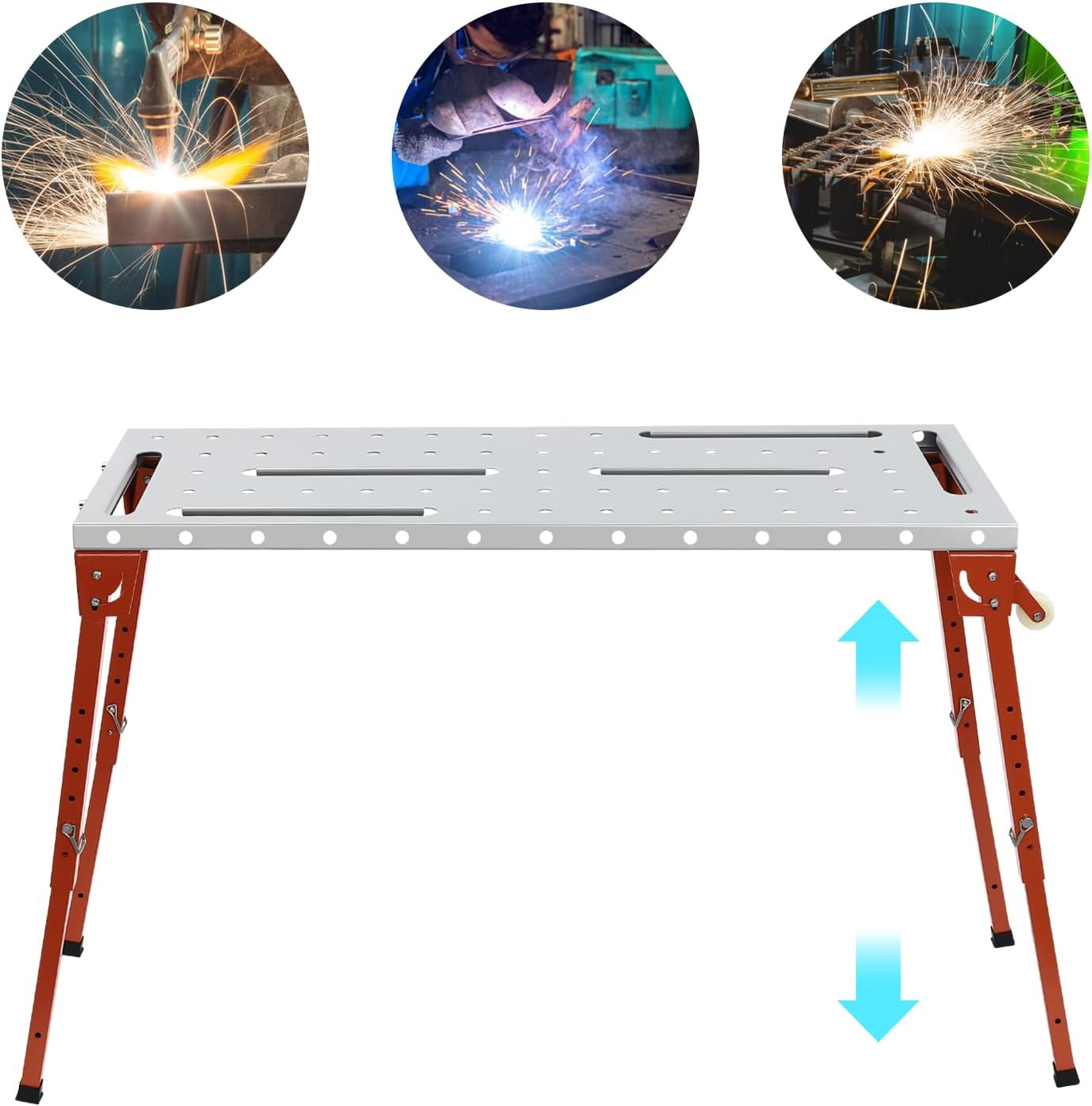 Metal Foldable Welding Table with Wheels, 46" x 18" 1000LBS Capacity Welding Workbench with 4-Level Adjustable Height, Carbon Steel Work Bench with 6 Tool Slots for Welding Assembly Repair