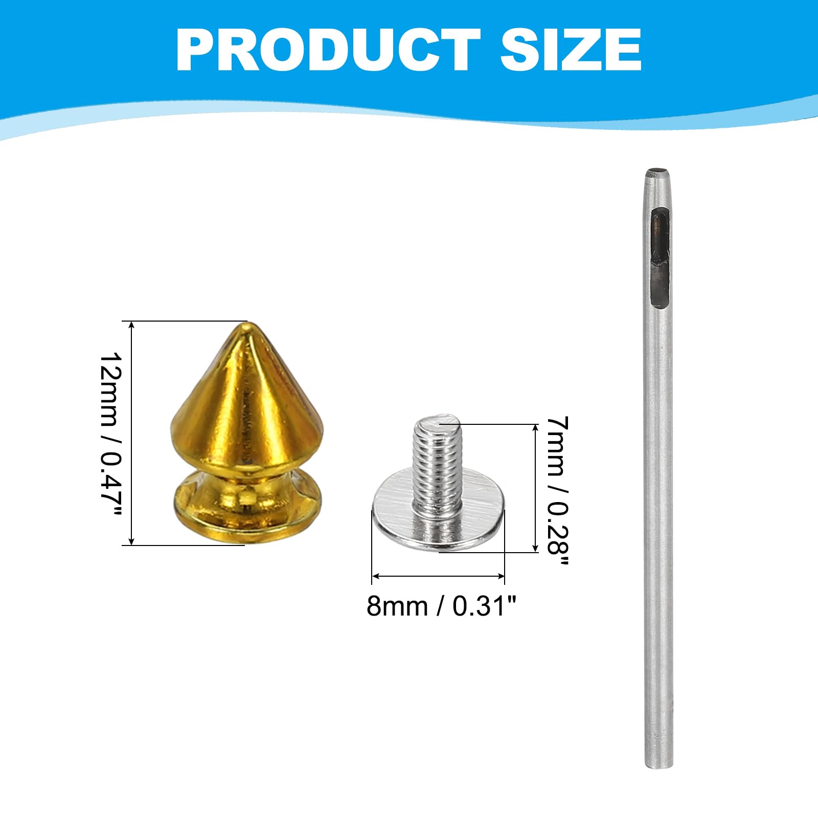 PATIKIL 12mm Studs for Clothing 12 Sets Spikes for Clothes Studs and Spikes Leather Rivets Metal Cone Punk Spikes Screw Posts with Hole Puncher for Leather Jacket Fabric Dark Gold - Image 2