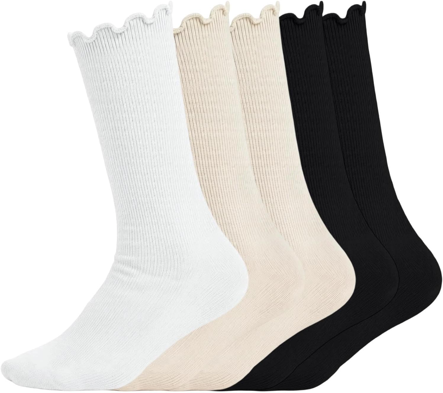 Girls Ribbed Crew Socks 5 Pairs Scallop Cuff Casual Dress Socks