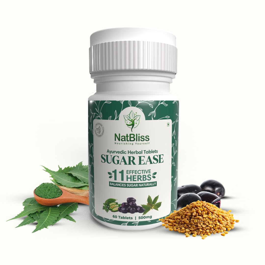 NATBLISS Sugar Ease Tablets | Herbal Ayurvedic Diabetes Care|11 Herbs for Blood Sugar Regulation & Insulin Sensitivity| 60 Tablets