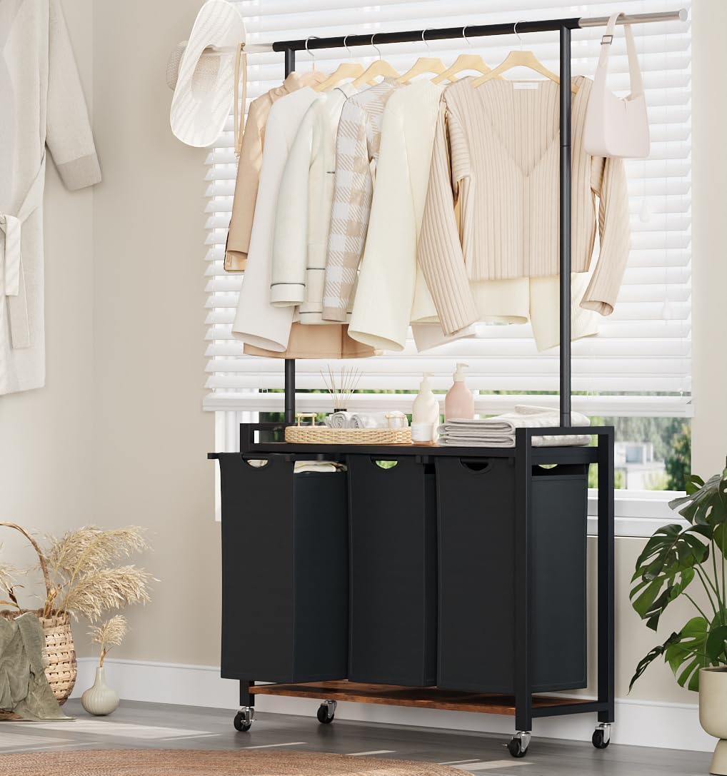 Amazon.com: GarveeHome 3-Section Rolling Laundry Cart with Hanging Rack ...