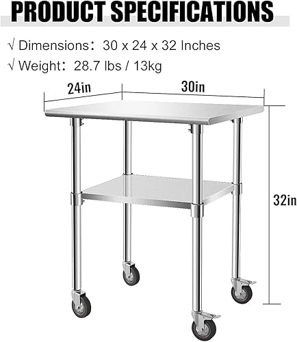 Miniatura 3 de Hasopy Mesa de acero inoxidable para preparación, mesa de trabajo resistente con 4 ruedas para cocina comercial, restaurante, hogar y hotel (30 x 24