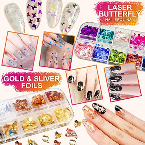 JOYJULY Nail Art Brushes Kit, 3D Nail Art Decorations Kit with Nail Dotting Tools Butterfly Nail Art Glitters Stickers Nail Art Rhinestones, Nail Foil, Nail Art Striping Tapes Nails Design Kit - Thumbnail 6