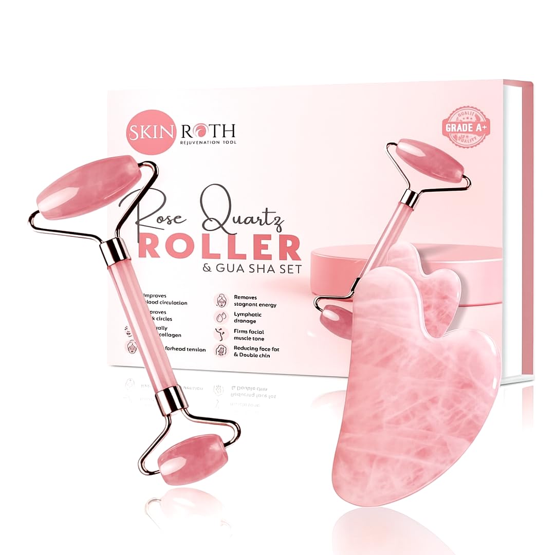 Grade A+ Rose Quartz Roller & Gua Sha Set–Natural Love Stone for Anti-Aging, Wrinkle Reduction, Puffiness Relief, Jade Facial Massager, Beauty Glowing Skincare Gift Tool (Light Pink)