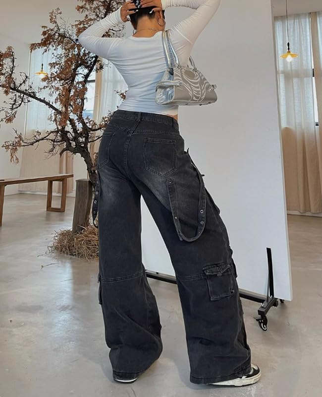 POHADON Baggy Cargo Pants for Women Loose Fit Straight Wide Leg Denim Jeans Pants Y2k Emo Clothes Hip Hop Streetwear3